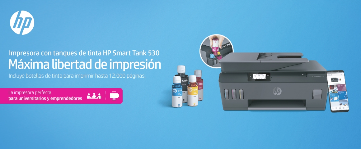 Impresora Multifuncional HP Smart Tank 530, perfecta para universitarios y emprendedores. Apta para altos volúmenes de impresión a ultra bajo costo, Incluye botellas de tinta para imprimir hasta 12.000 páginas.