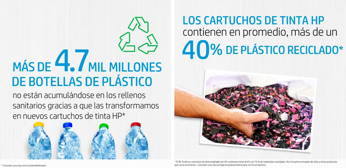 Los cartuchos de tinta HP contienen en promedio, más de un 40% de plástico reciclado.