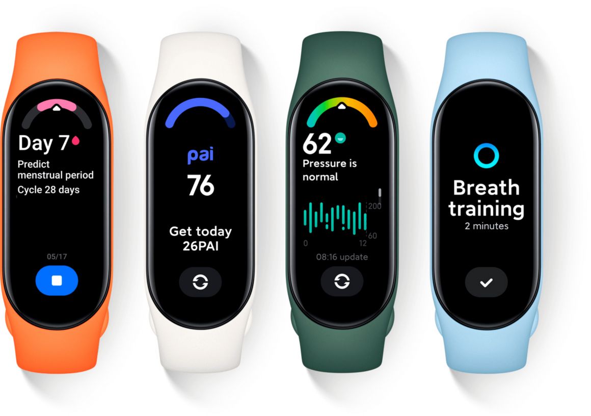 Imagen de cuatro Smart Band 7 cada una mostrando alguna de sus funciones sobre salud