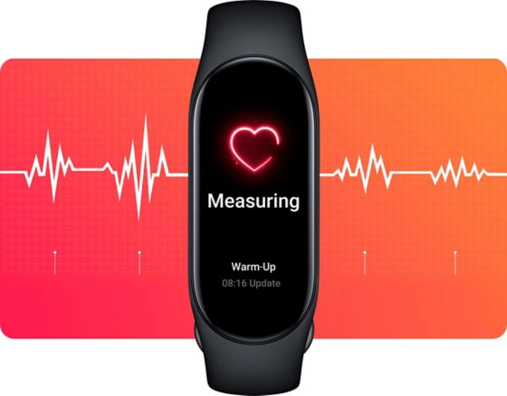 Imagen de la Smart Band 7 mostrando en pantalla el monitoreo de la frecuencia cardíaca 