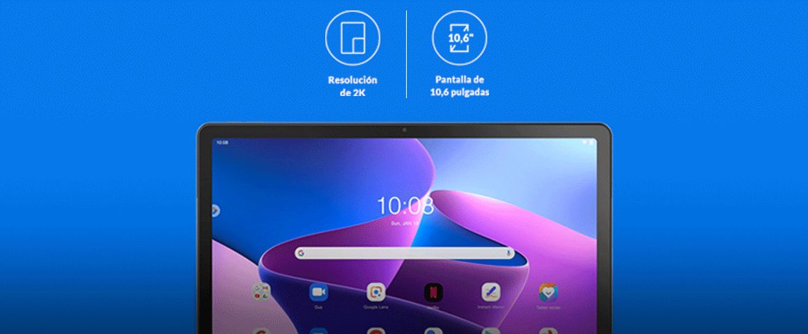 Tableta tabM10 plus resolución y medida de pantalla sobre fondo azul