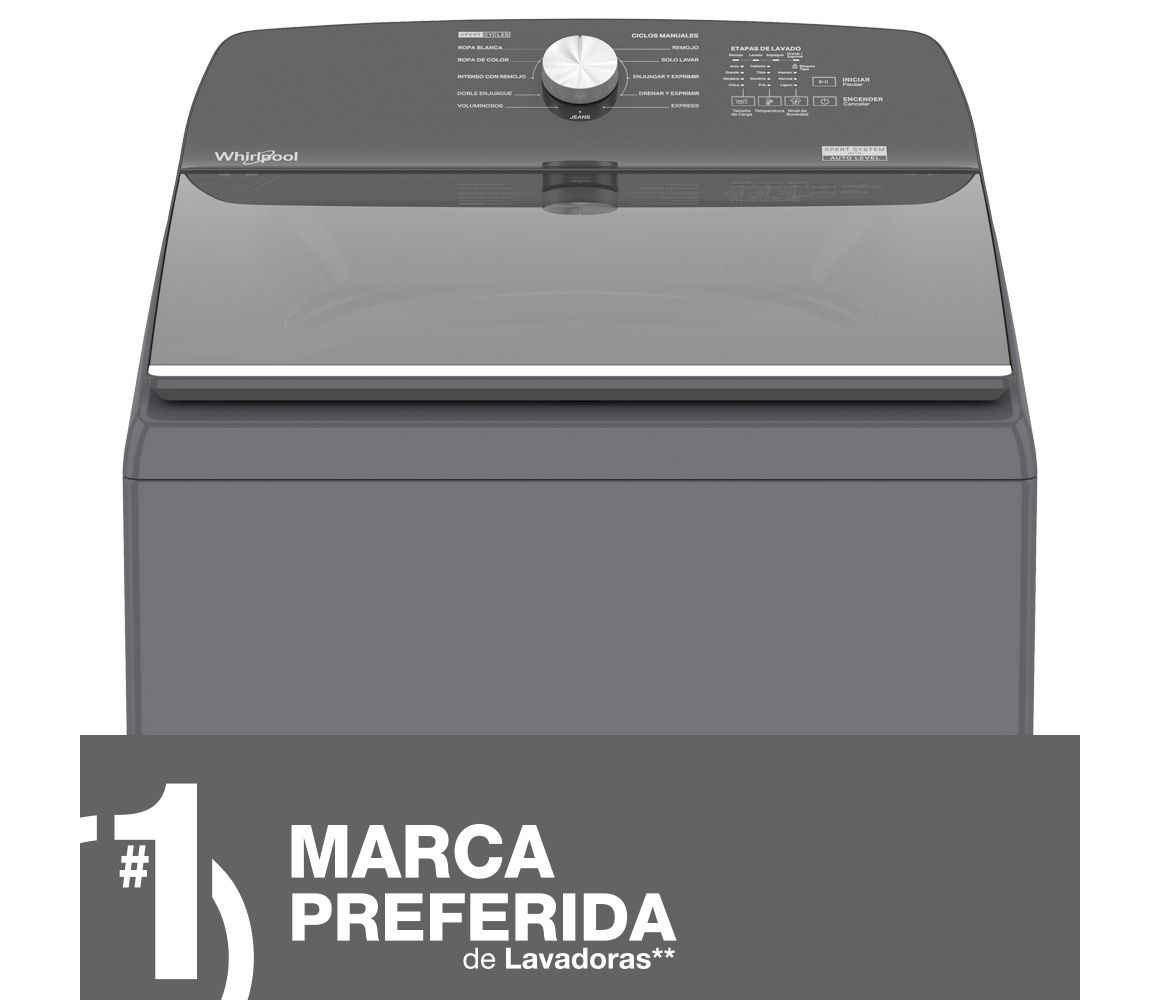 Vista frontal de la lavadora Whirlpool de 22 Kg de color Gris Cromo. Marca preferida de lavadoras según estudios independientes realizados en 2019 en varios países incluido Colombia.