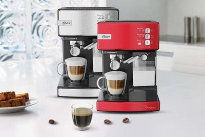 Cafetera automática de espresso prima latte plateada y roja