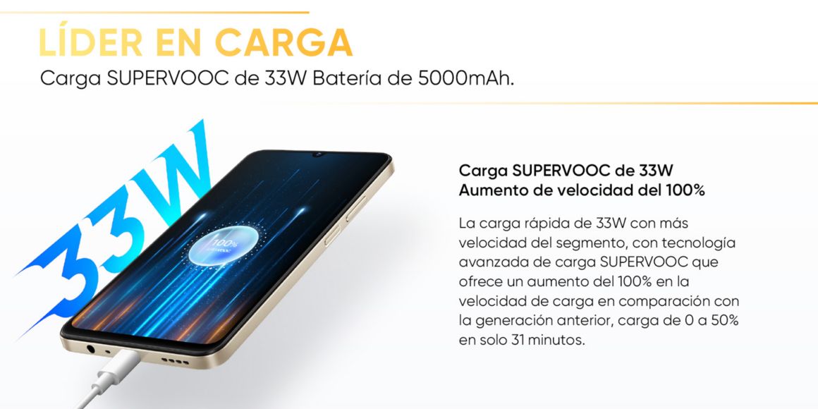 campeon en carga, bateria 5000 mAh, carga SUPERVOOC de 33W, smartphone, celular, realme c53, realme