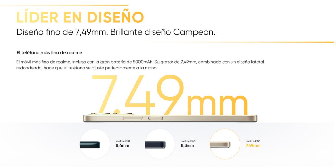 smartphone, celular, realme c53, realme, delgado, el telefono mas fino, 7.49 mm, diseño redondeado