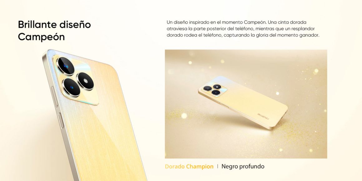 smartphone, celular, realme c53, realme, diseño campeon , gradiente filamento de oro