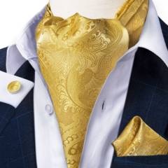 SONEC - Corbata Gruesa Ascot con Paño y Colleras formal hombre Amarillo Rey