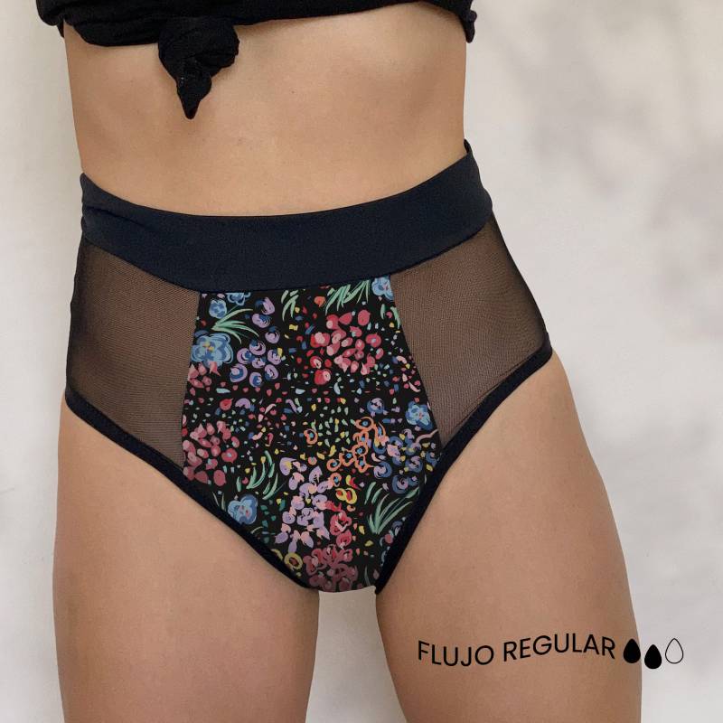 ALUNA - Calzón menstrual Modelador Flowers Negro.