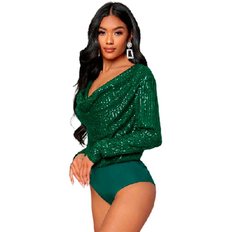 GENERICA Body Elegante de vestir verde de cuello desbocado lentejuelas Mujer | falabella.com