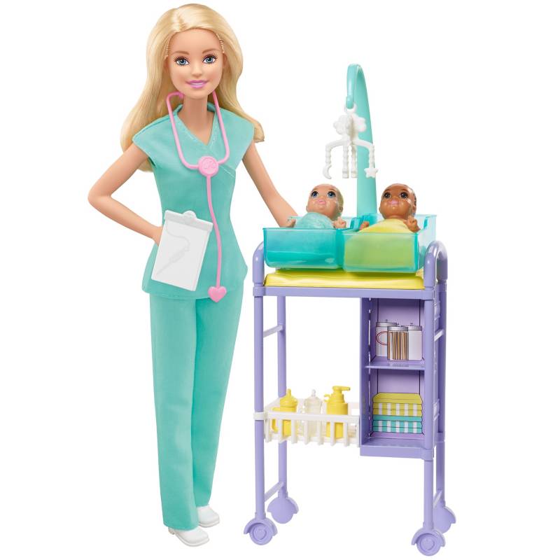 BARBIE - Barbie Muñeca Set Pediatra Rubia con 2 Bebés