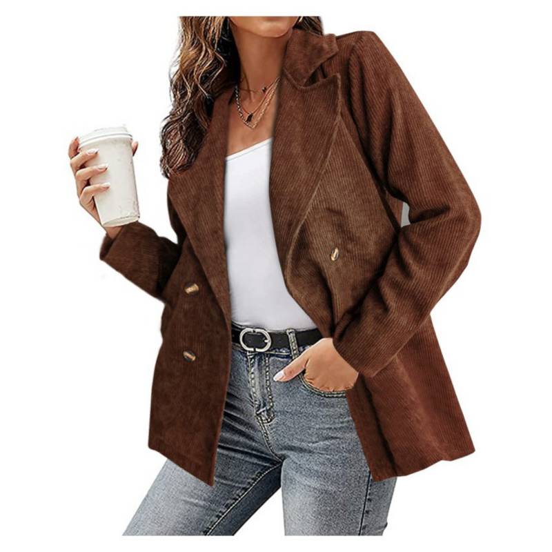 GENERICO - Chaqueta de pana para mujer abrigo de bolsillo con solapa botón-marrón