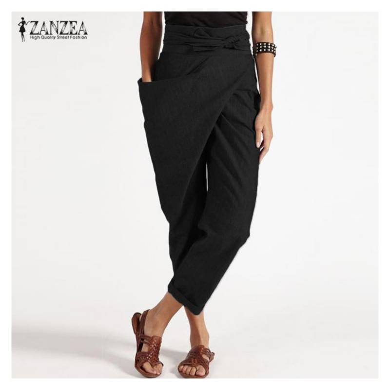 ZANZEA Pantalón Zanzea Tiro Alto Asimétrico corte cruzado con bolsillos.