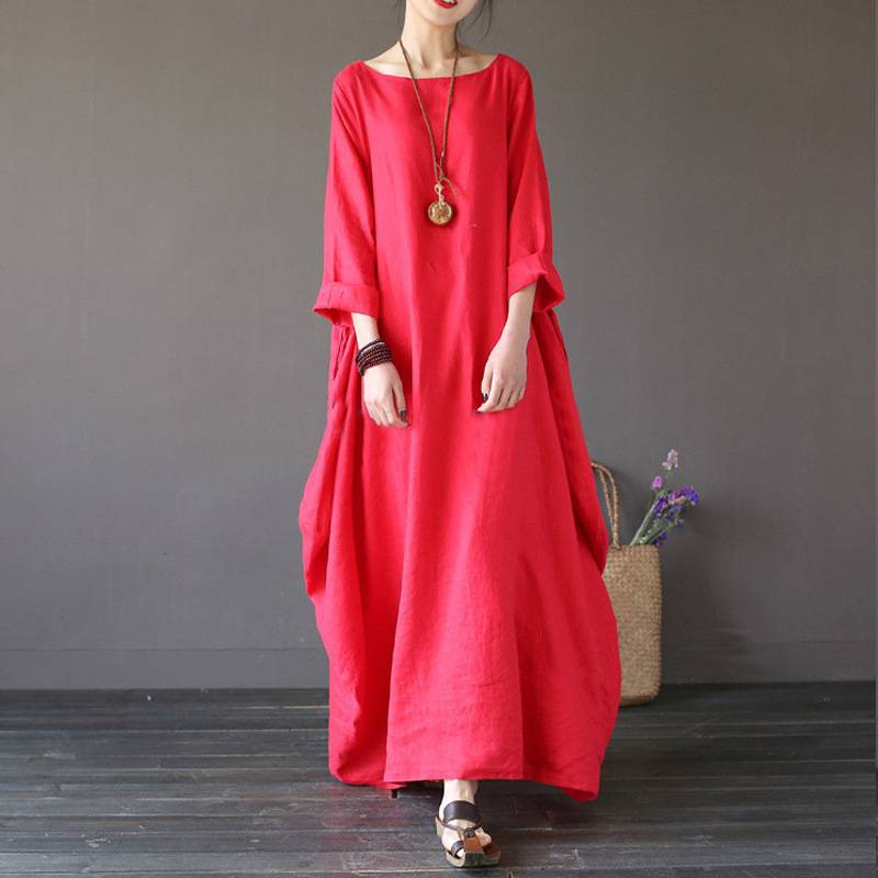 GENERICO - Vestido largo de algodón y cáñamo para mujer red.