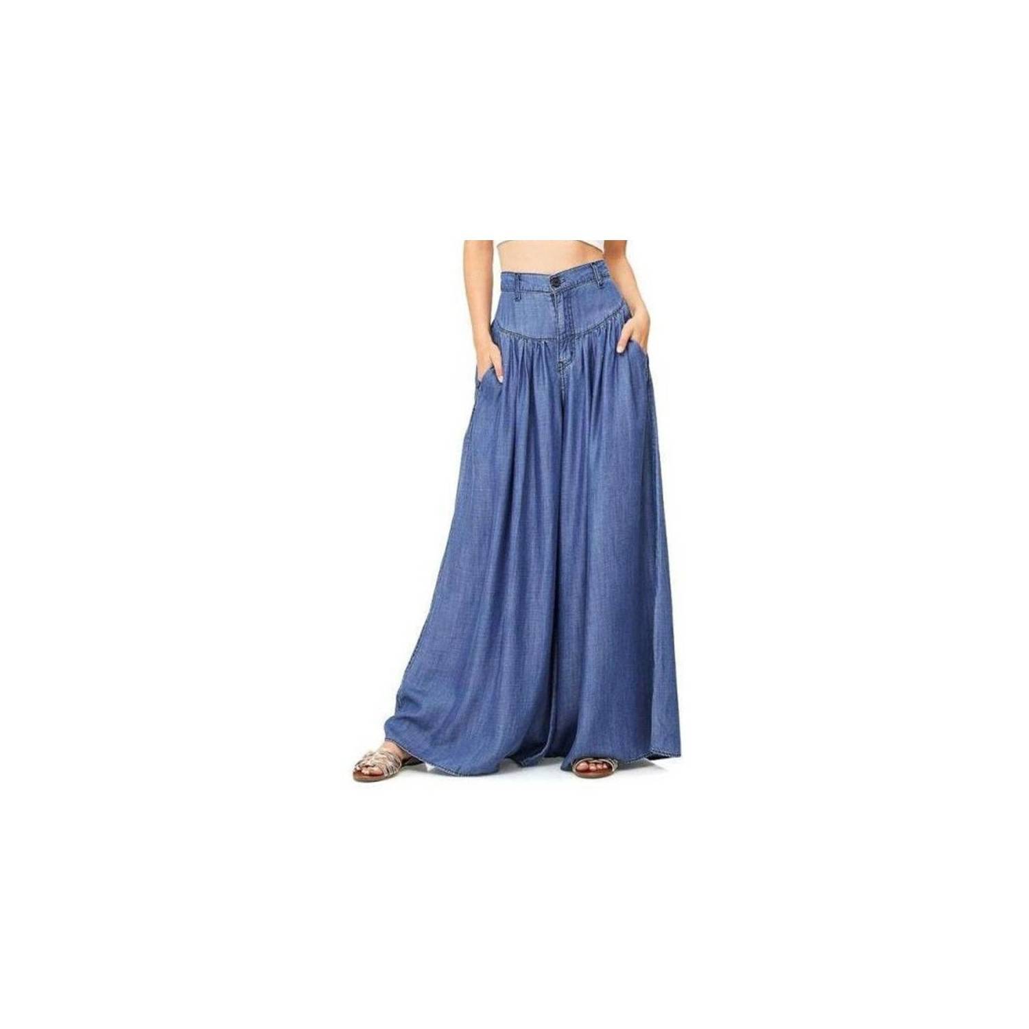 GENERICO Mujer moda denim azules bolsillos de cintura alta pantalones anchos  - azul.