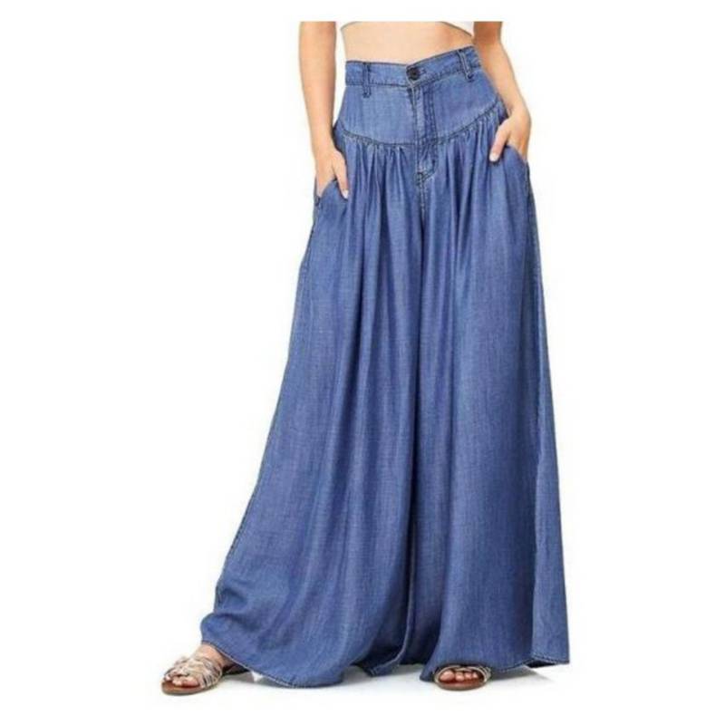 GENERICO Mujer moda denim azules bolsillos de cintura alta pantalones  anchos - azul.