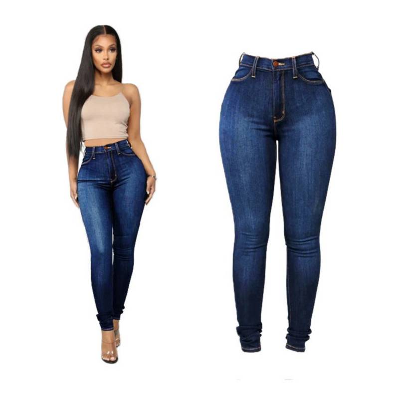 GENERICO Jeans ajustados de cintura alta para mujer- azul oscuro