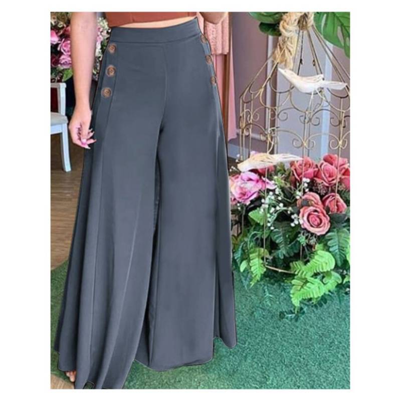 GENERICO - Pantalones anchos de cintura alta elásticos con botones para mujer-gris.…