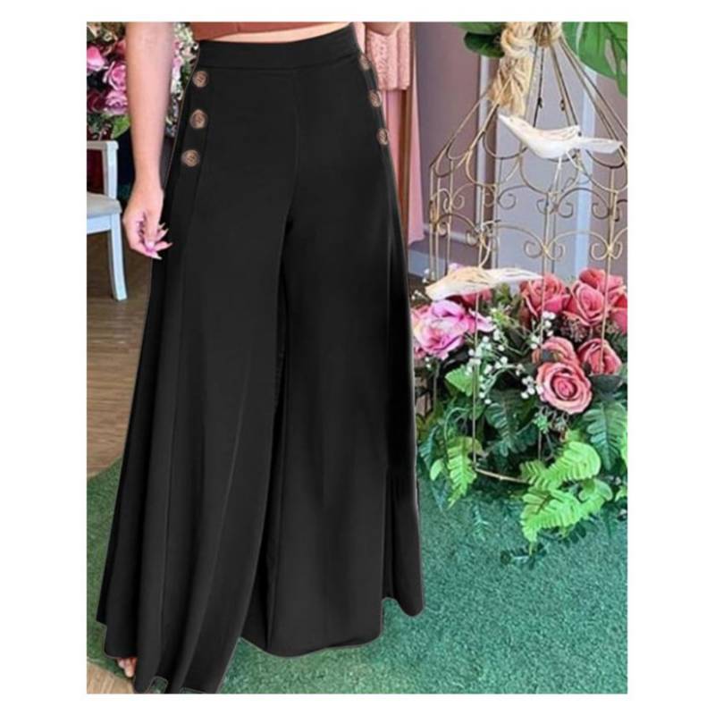 GENERICO Pantalones anchos de cintura alta elásticos con botones para mujer-negro.…