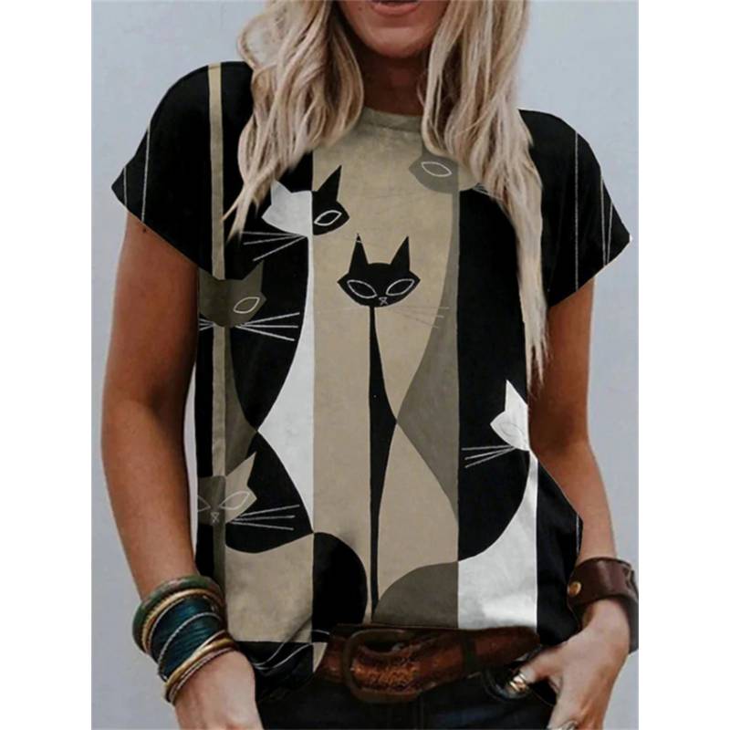 GENERICO - Camiseta Con Gráfico De Arte De Gato Colorblock