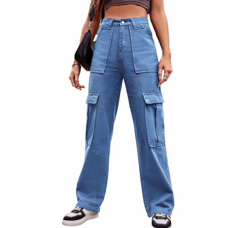 Pantalones cargo elásticos de cintura alta para mujer - Azul GENERICO