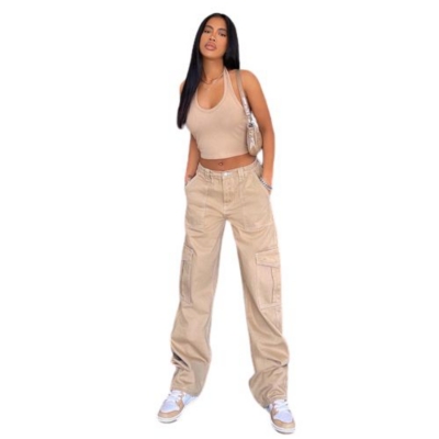 SIMPLEE Pantalones Mujer Cargo Holgados-Khaki