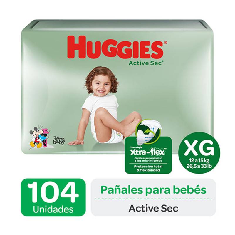 HUGGIES - Pañales Huggies Active Sec Pack 104 Un. Talla Xg