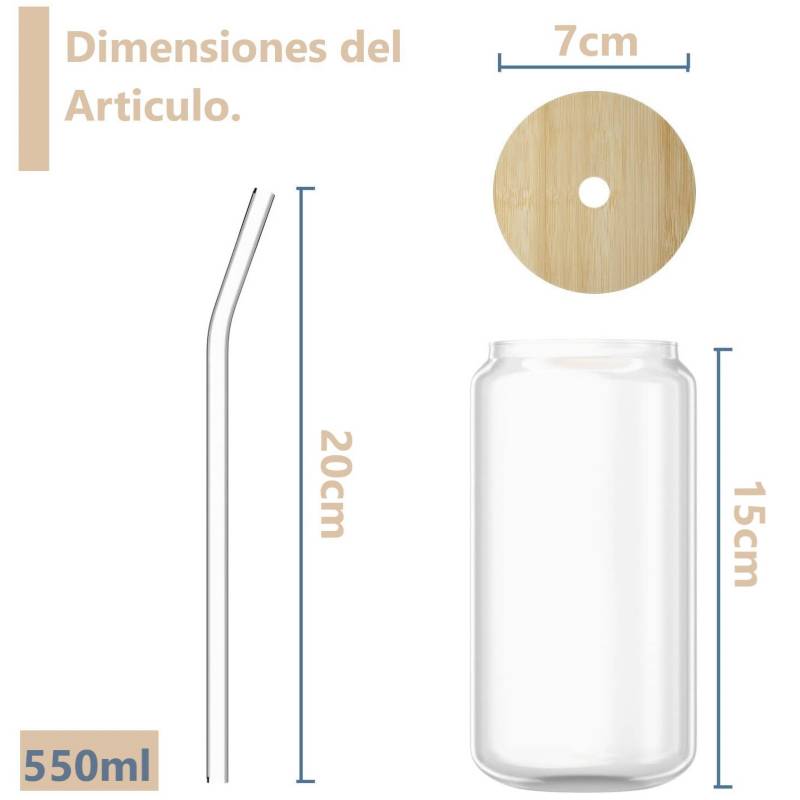 GENERICO Vaso de Vidrio con Tapa Bambú y Bombilla Personalizado