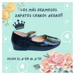 COMPRAPO - Zapato Calzado Princesa Niña con Rositas y Brillos Charol Negro