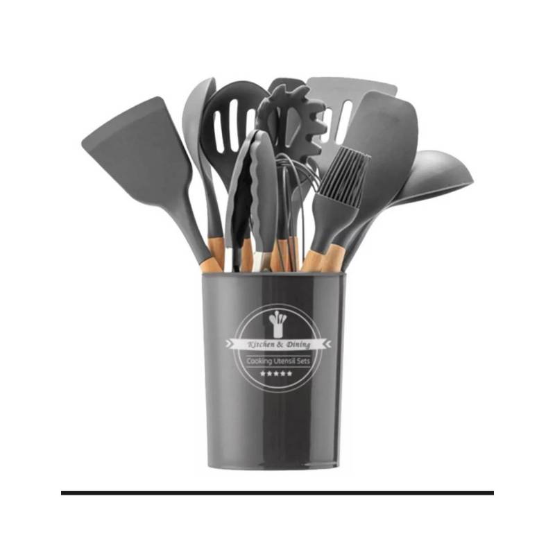 Set 12 Utensilios De Cocina Silicona Negro Simplit— Melollevo