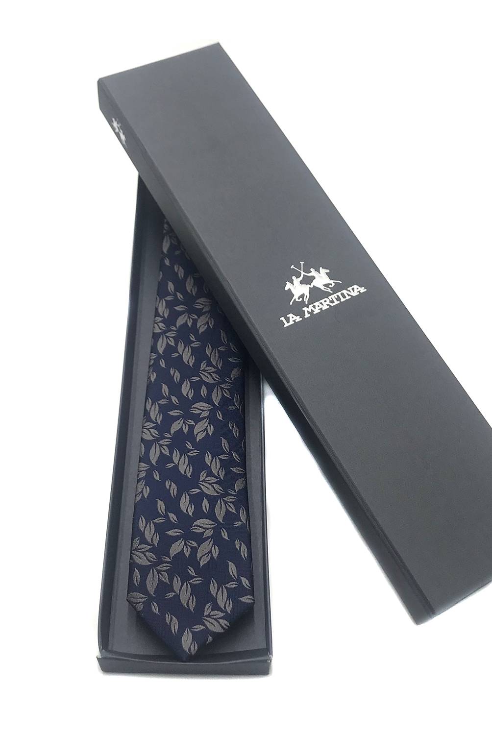 LA MARTINA - Corbata Seda Azul Marino Hoja Gris 6 cm con Caja