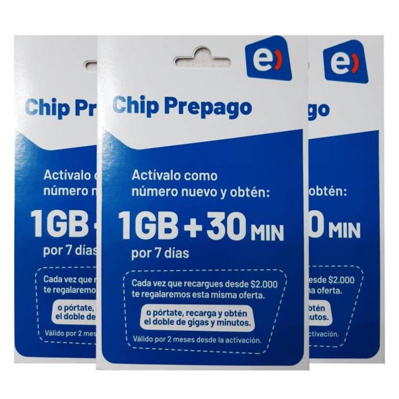 ENTEL - Pack 3 Chip Prepago Entel 1GB  30 MIN