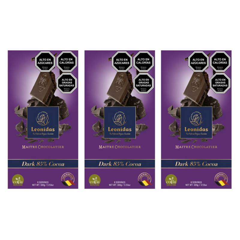 LEONIDAS - Pack 3 Barras 100g Dark 85% Chocolate Belga