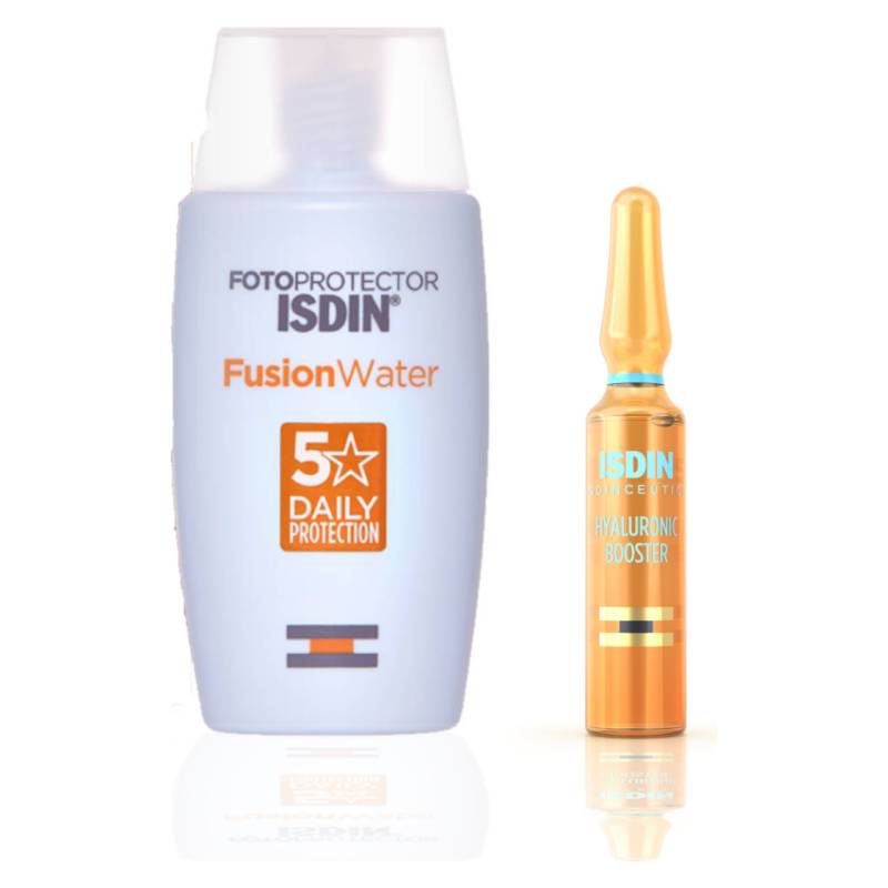 ISDIN - Set Protector Solar Facial Fusion Water SPF50 50ml + 1 ampolla Hyaluronic Booster