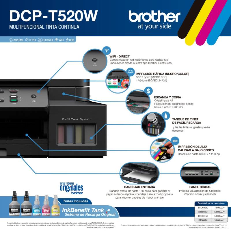 BROTHER Impresora Multifuncional Brother DCPT520W Tinta Continua Color WiFi