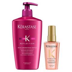 KERASTASE - Set Cuidado del Color Bain Chromatique Sin Sulfatos 500 ml Reflection + Aceite L'Huile Rose 50 ml Elixir Ultime