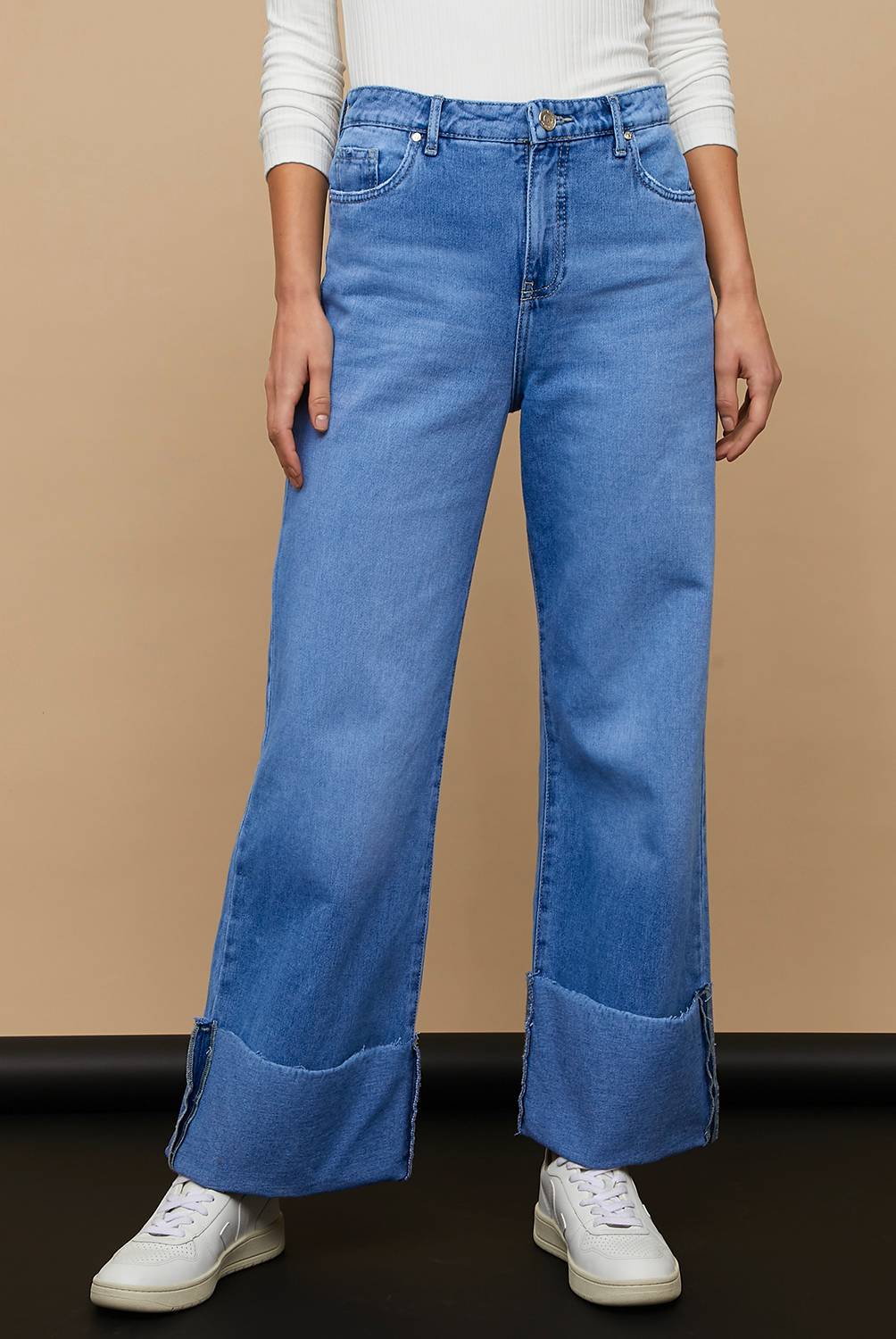 BASEMENT - Jeans Wide Leg Basta Doblada Tiro Alto Mujer