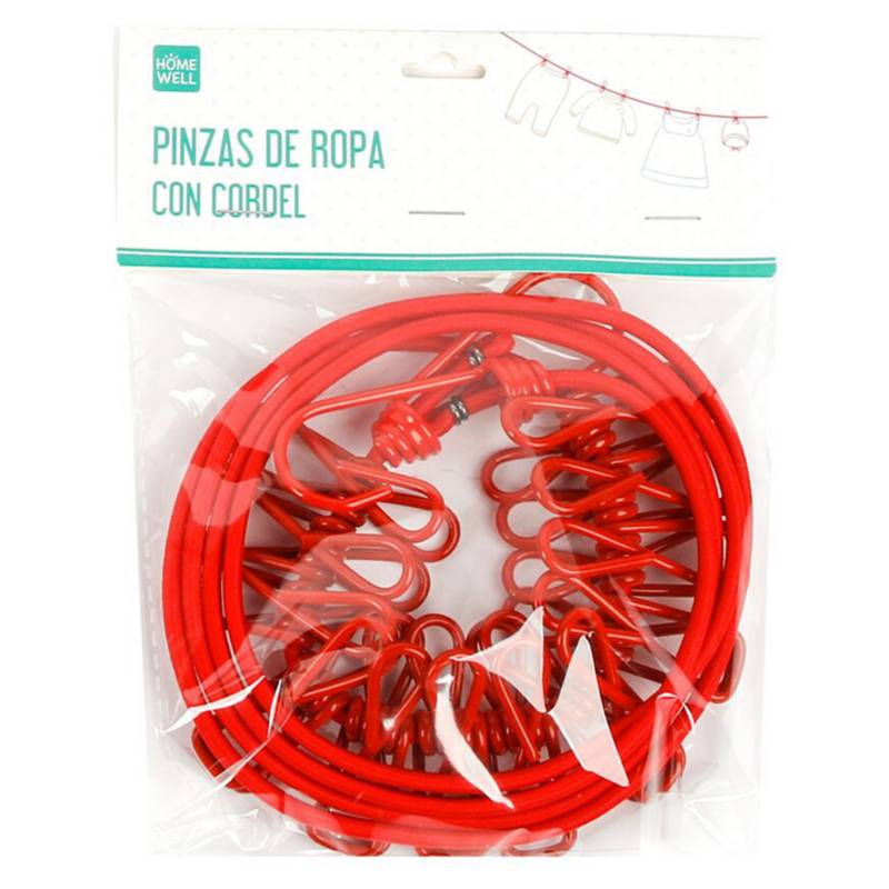 HOMEWELL - Pinza Ropa Metal con Cordel Rojo (12u)