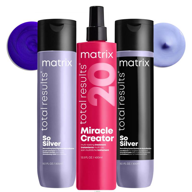 MATRIX - Set  Matizador So Silver Shampoo Violeta 300 ml + Acondicionador 300 ml + Spray XL Miracle Creator 400 ml