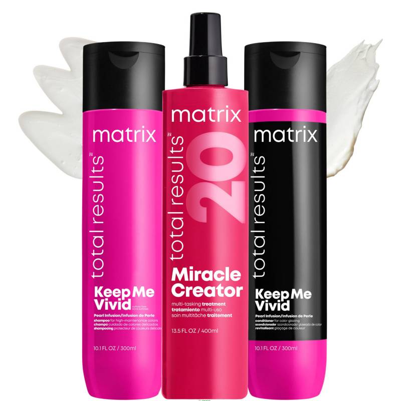 MATRIX - Set Cuidado Del Color Keep Me Vivid Shampoo Sin Sulfatos 300 ml + Acondicionador 300 ml + Spray XL Miracle Creator 400 ml