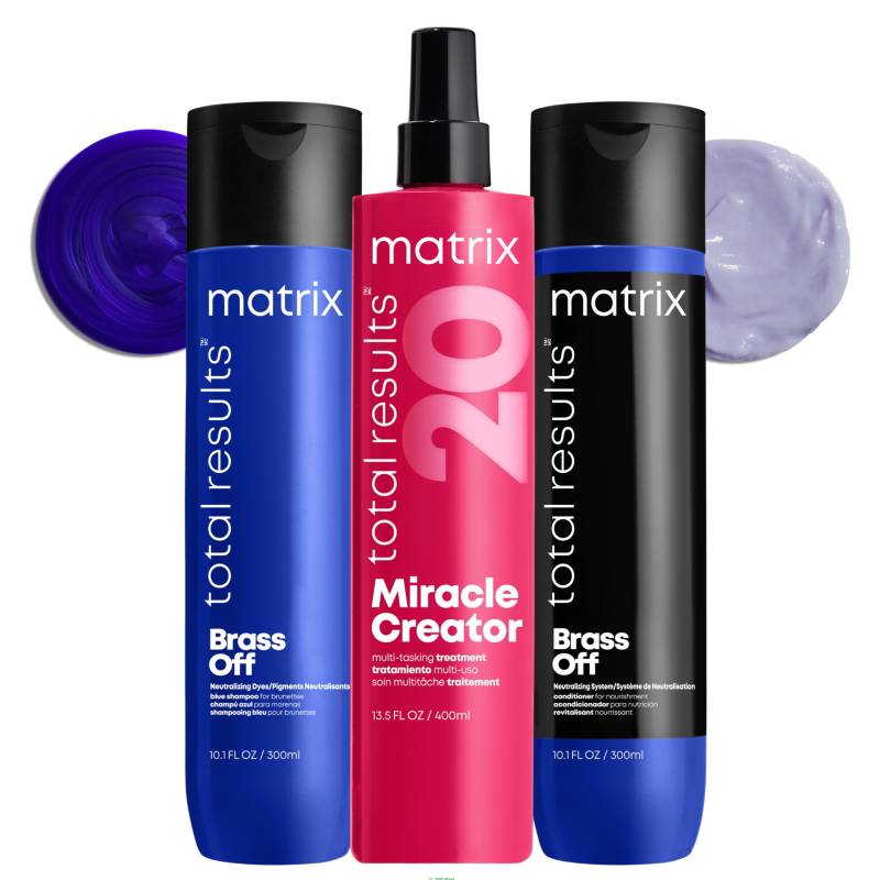 MATRIX - Set Matizador Brass Off Shampoo Azul 300 ml + Acondicionador 300 ml + Spray XL Miracle Creator 400 ml