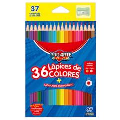 PROARTE - Lápices De Colores Proarte Hexagonales Largos, 36 Unidades + Sacapuntas, Incluye Color Oro Y Color Plata.