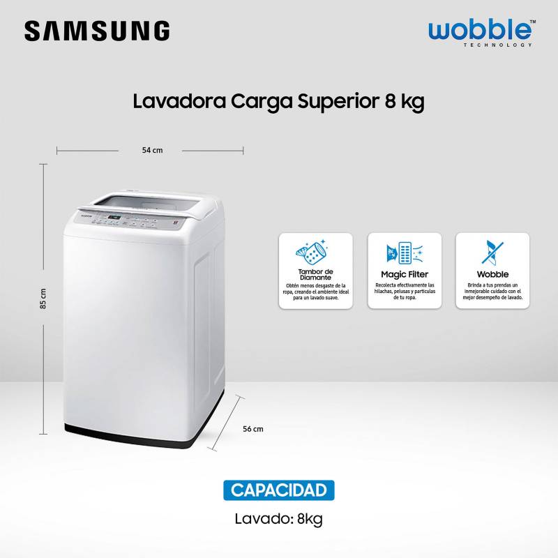 SAMSUNG Lavadora Automática 8 Kg con Wobble, WA80H4200SW1ZS