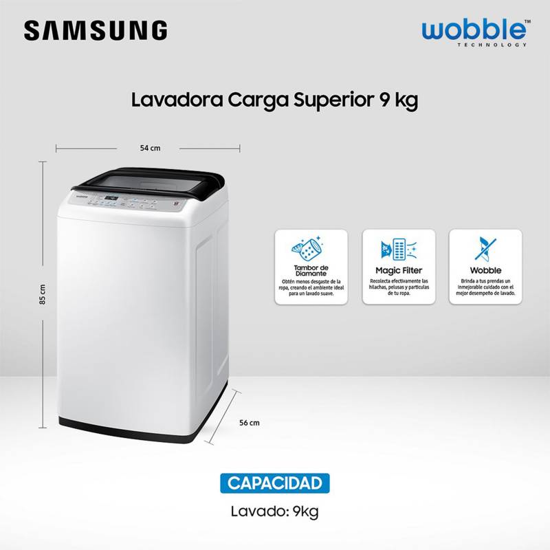 SAMSUNG Lavadora Samsung Automática 9 Kg con Wobble, WA90H4400SW1ZS