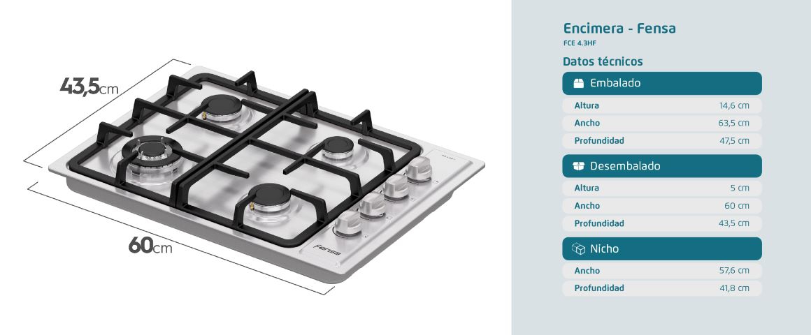 Encimera a Gas FCE 4.3HF T – 4 Platos de FENSA