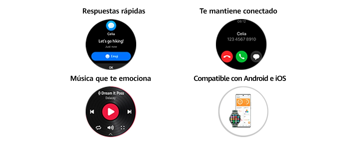smartwatch funciones de contestar llamadas, mandar mensajes whatsapp, escuchar música, compatibilidad con andriod e ios