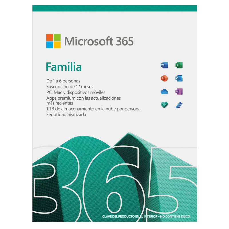 MICROSOFT - Microsoft 365 Familia (Hasta 6 Personas, Suscripción 12 Meses. Word, Excel, Power Point, Outlook, Onedrive, Seguridad)