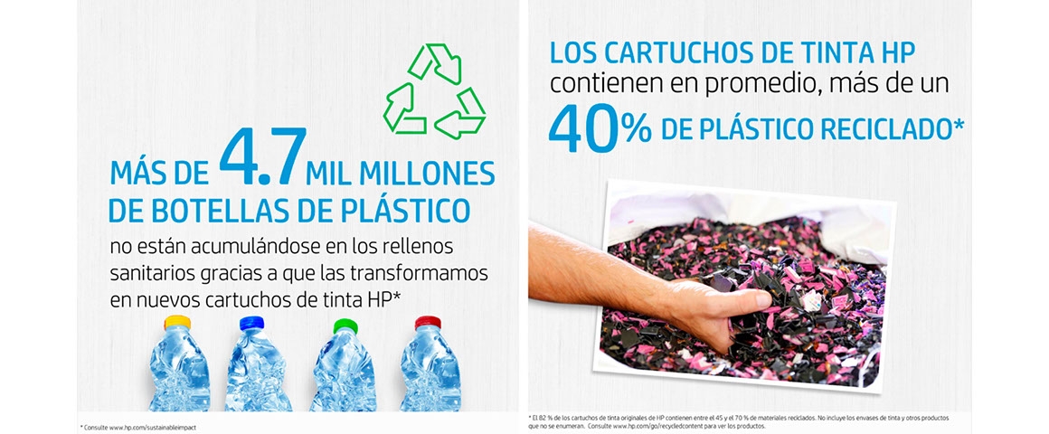 Los cartuchos de tinta HP contienen en promedio, más de un 40% de plástico reciclado.