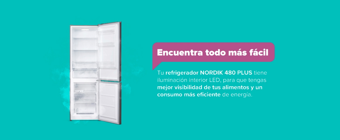 Encuentra todo más fácil. Tu refrigerador NORDIK 480 PLUS tiene iluminación interior LED, para que tengas mejor visibilidad de tus aliementos y un consumo más eficiente de energía