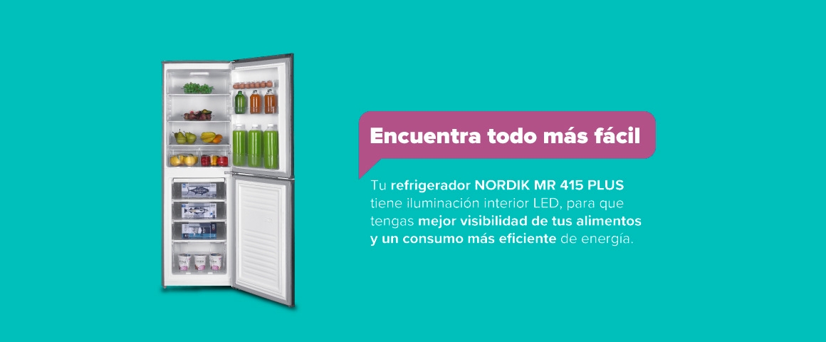 Encuentra todo más fácil. Tu refrigerador NORDIK MR 415 PLUS tiene iluminación interior LED, para que tengas mejor visibilidad de tus aliementos y un consumo más eficiente de energía