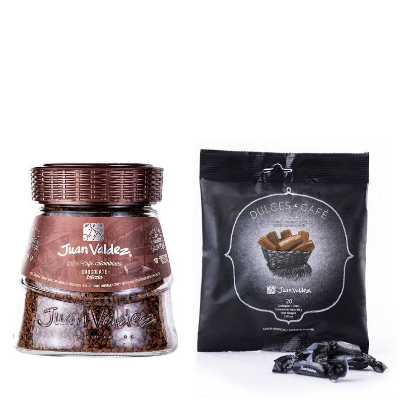 JUAN VALDEZ - Pack Café Soluble Chocolate 95 gr + Dulces de Café de 20 Unidades